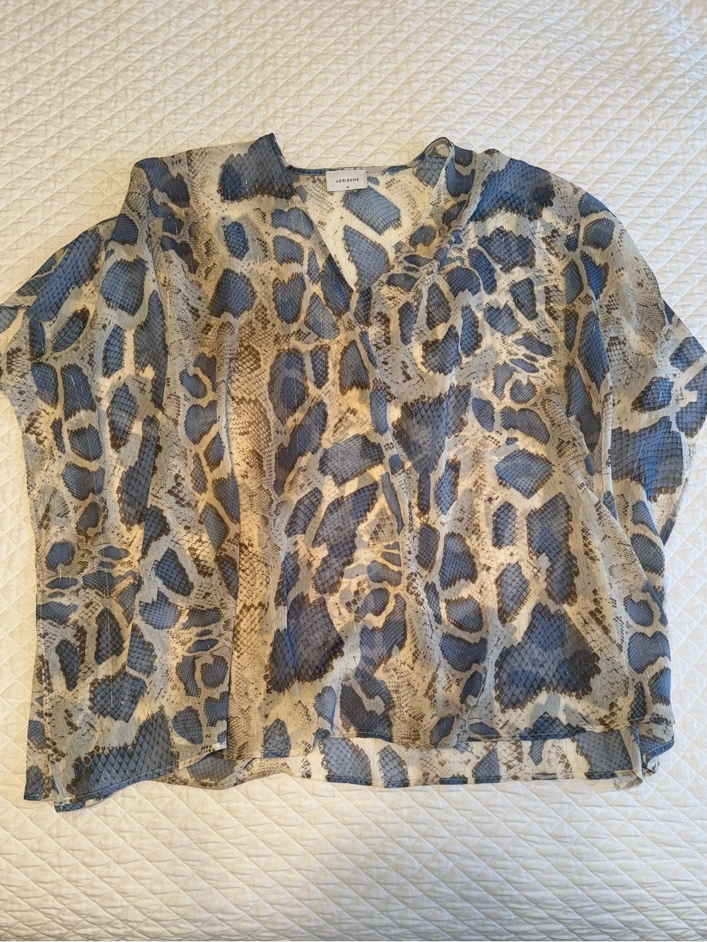 Adrienne Beige, Blue & Metallic Gold Stripes Snake Print Sheer Swim Coverup
